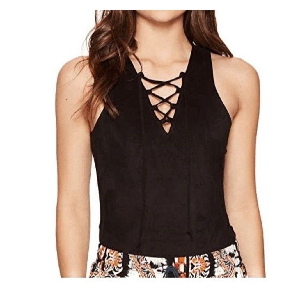 New BB Dakota Luise Soft Faux Suede Sleeveless Bodysuit Women's sz S Black